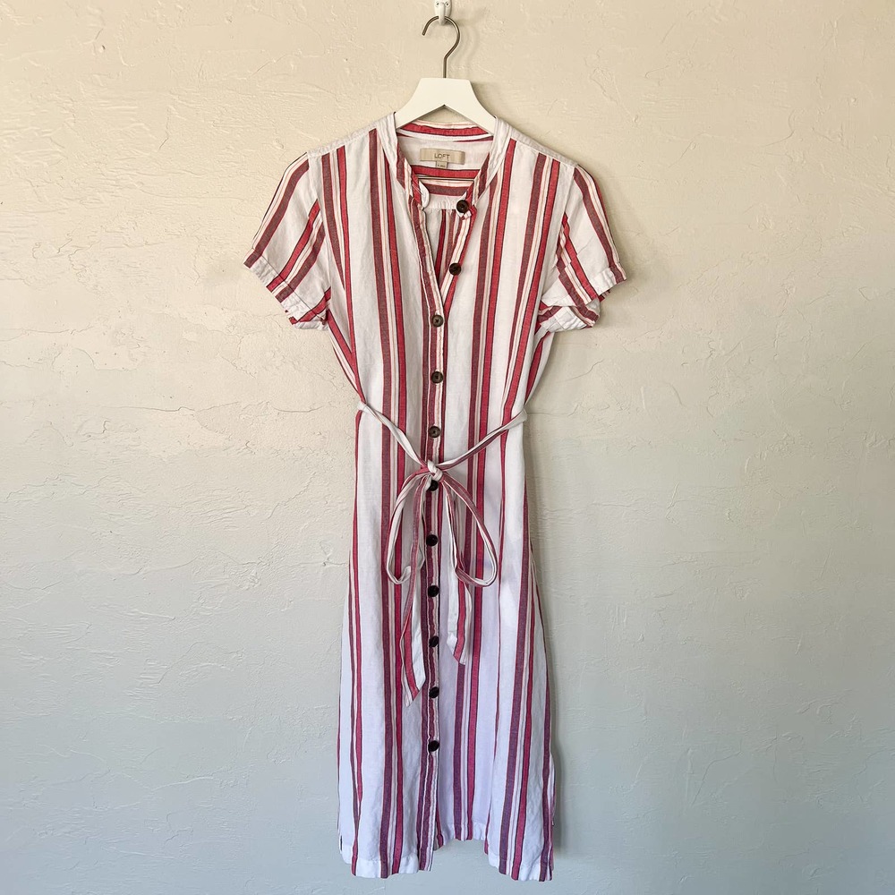 LOFT Red and White Striped Midi Shirt Dress size 8